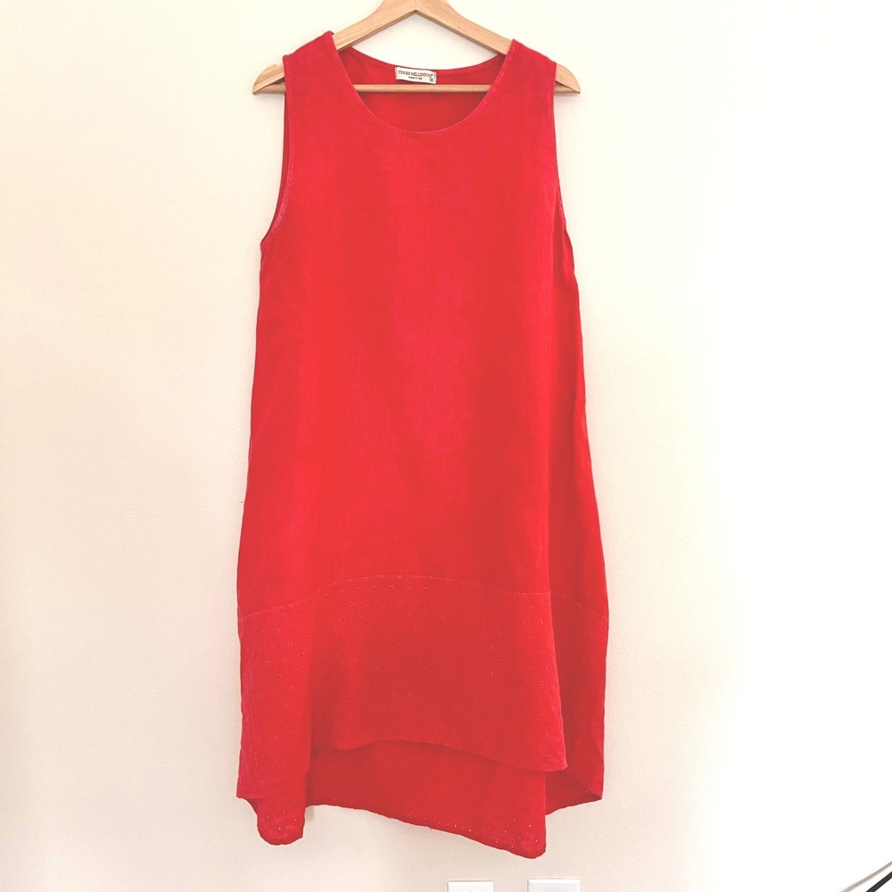 Terzo Millennio Red Linen Sleeveless Eyelet Hem Shift Dress Made in Italy Size M